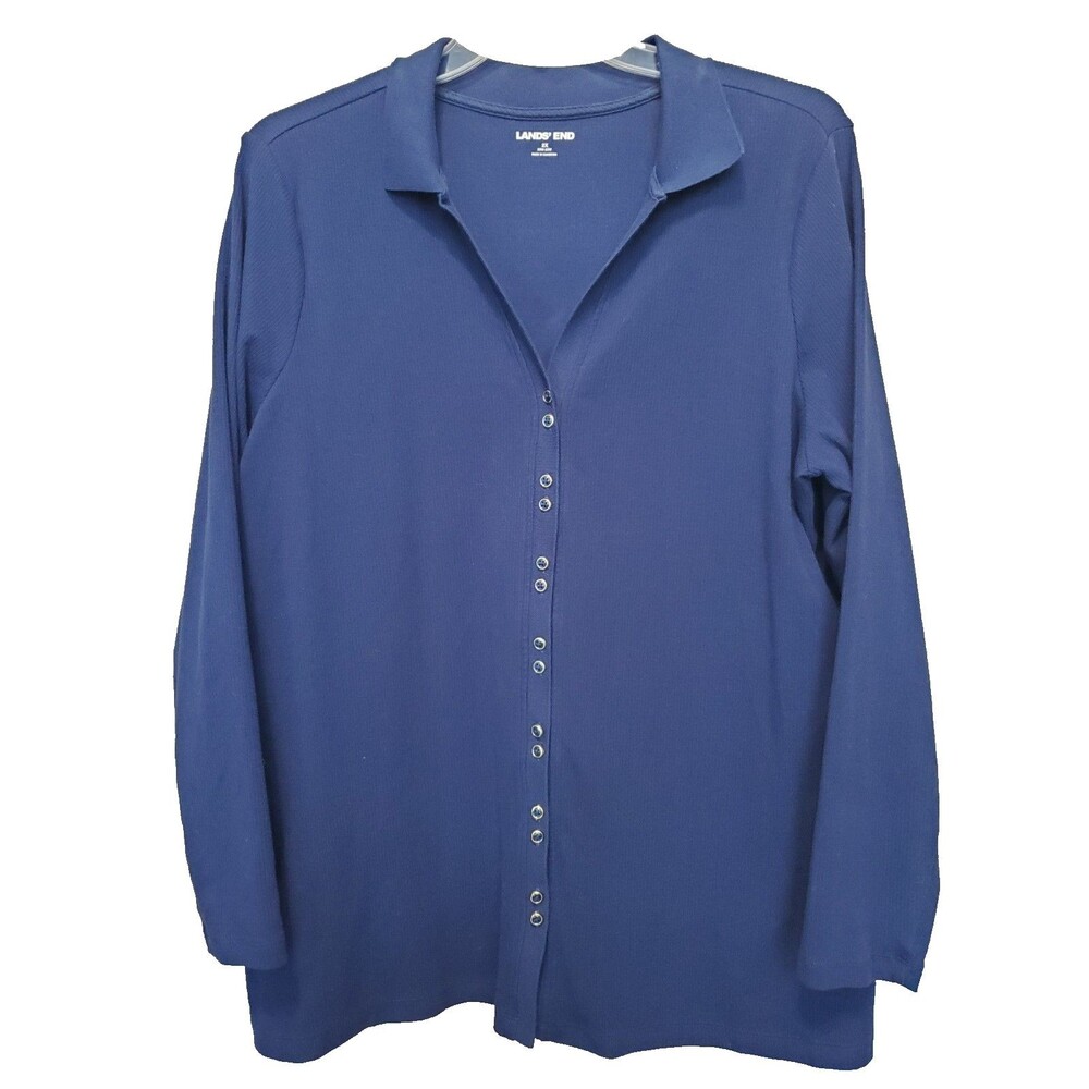 Lands' End Blue Ribbed Johnny Collar Long Sleeve Button-Up Tunic Size 2X
